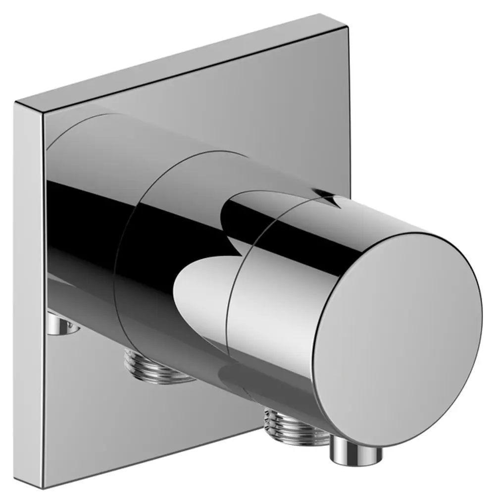 Chromierter Umsteller mit zwei Anschlüssen, rechteckiger Wandplatte. Produkt von Keuco zur Verwendung in Badezimmer-Installationen.